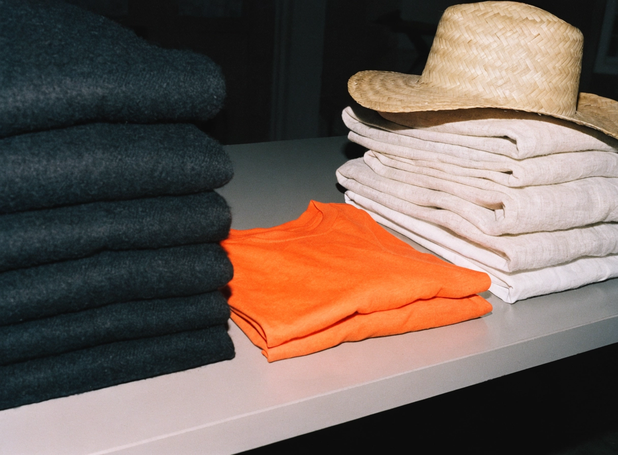 Pila de punto de invierno junto a lino de verano doblado y un sombrero de paja, con una camiseta naranja entre medias